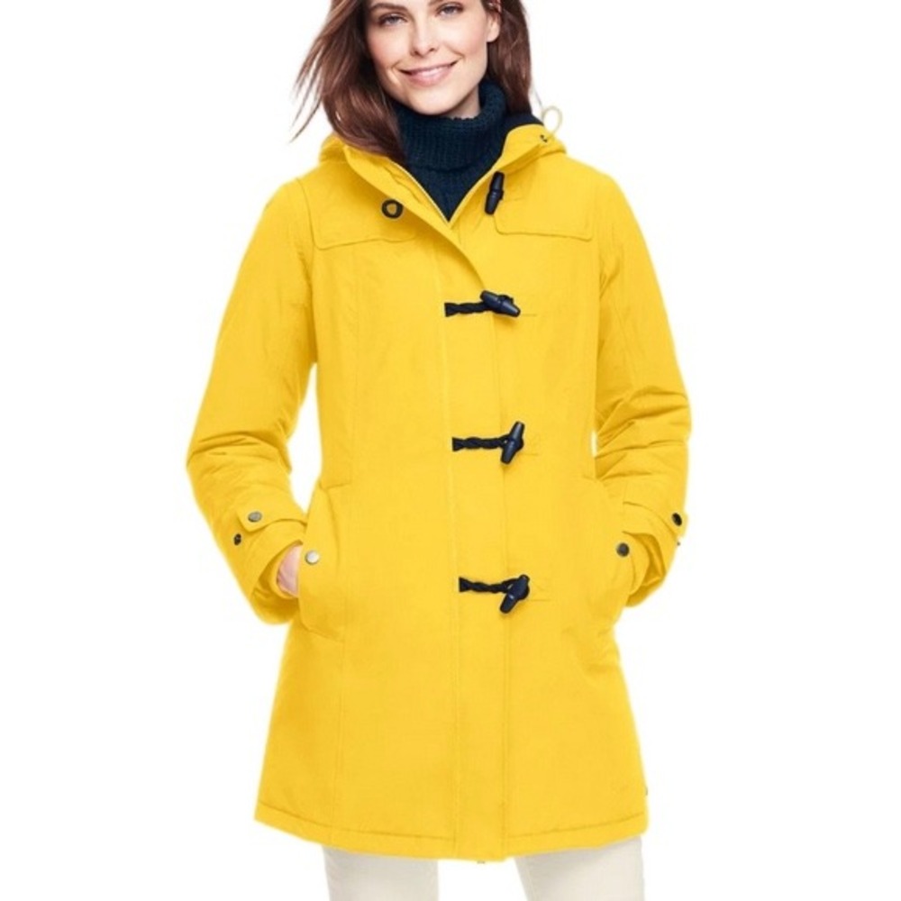 Lands End Womens‎ Yellow Hooded Duffle Parka Jacket Toggle Coat Petite L 14-16
